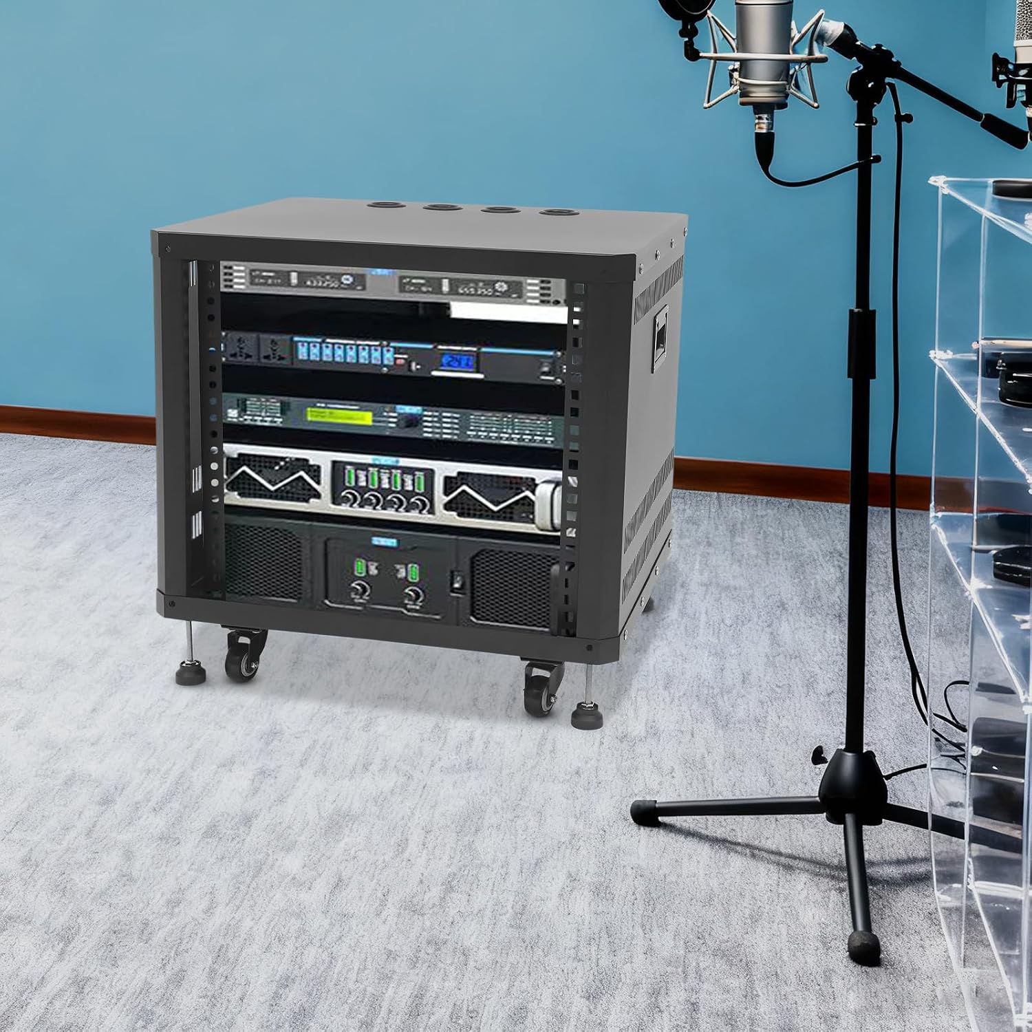 9U Open Frame Server Rack Free Standing and Tabletop Network Server Rack AV Rack with Casters for Networking IT Equipment AV Gear Router Modem (Black, 9U)