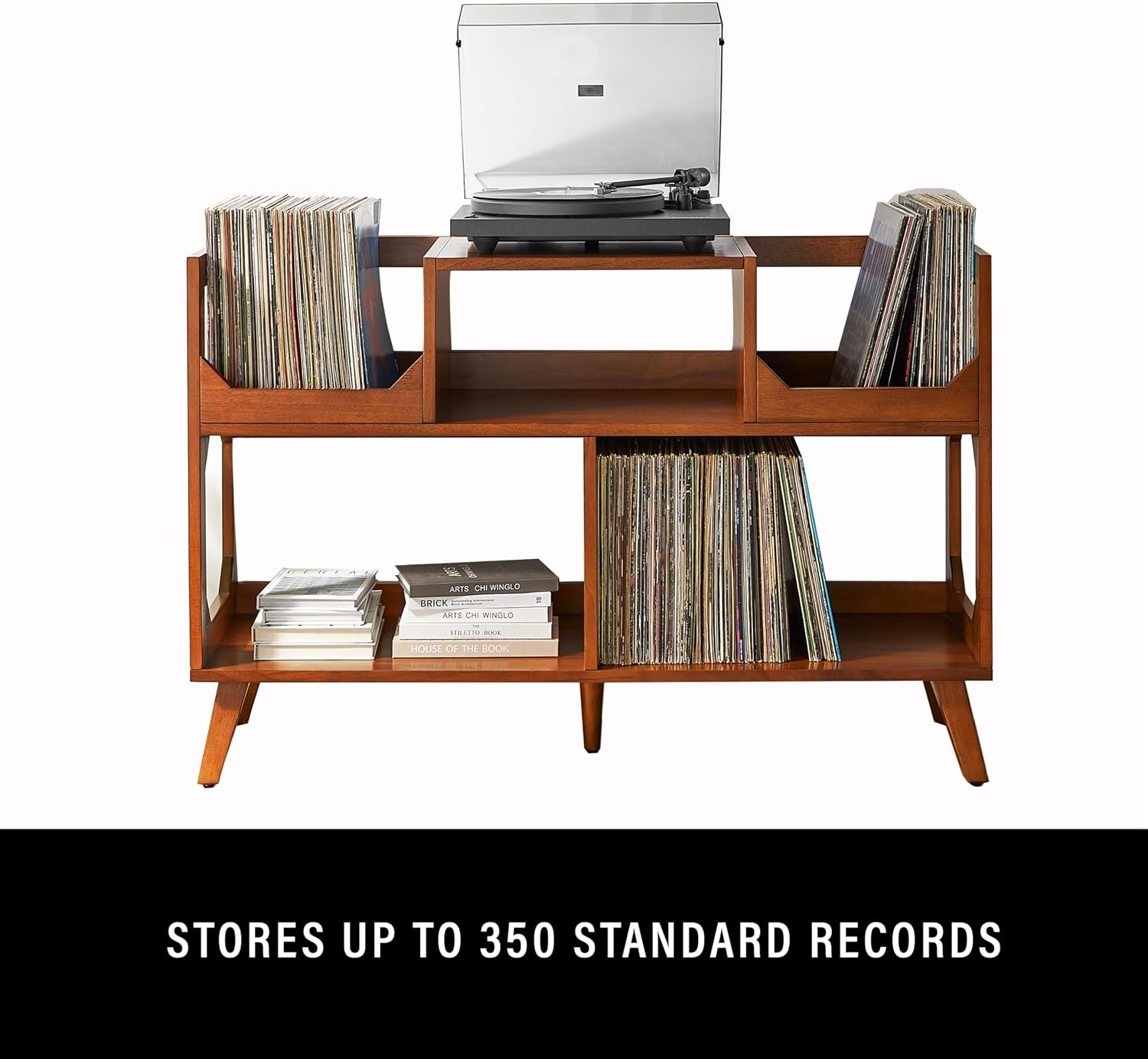 Crosley Furniture Asheville Mid-Century Modern Media Console Record Player Stand, Storage for Vinyl Records, Large, Walnut