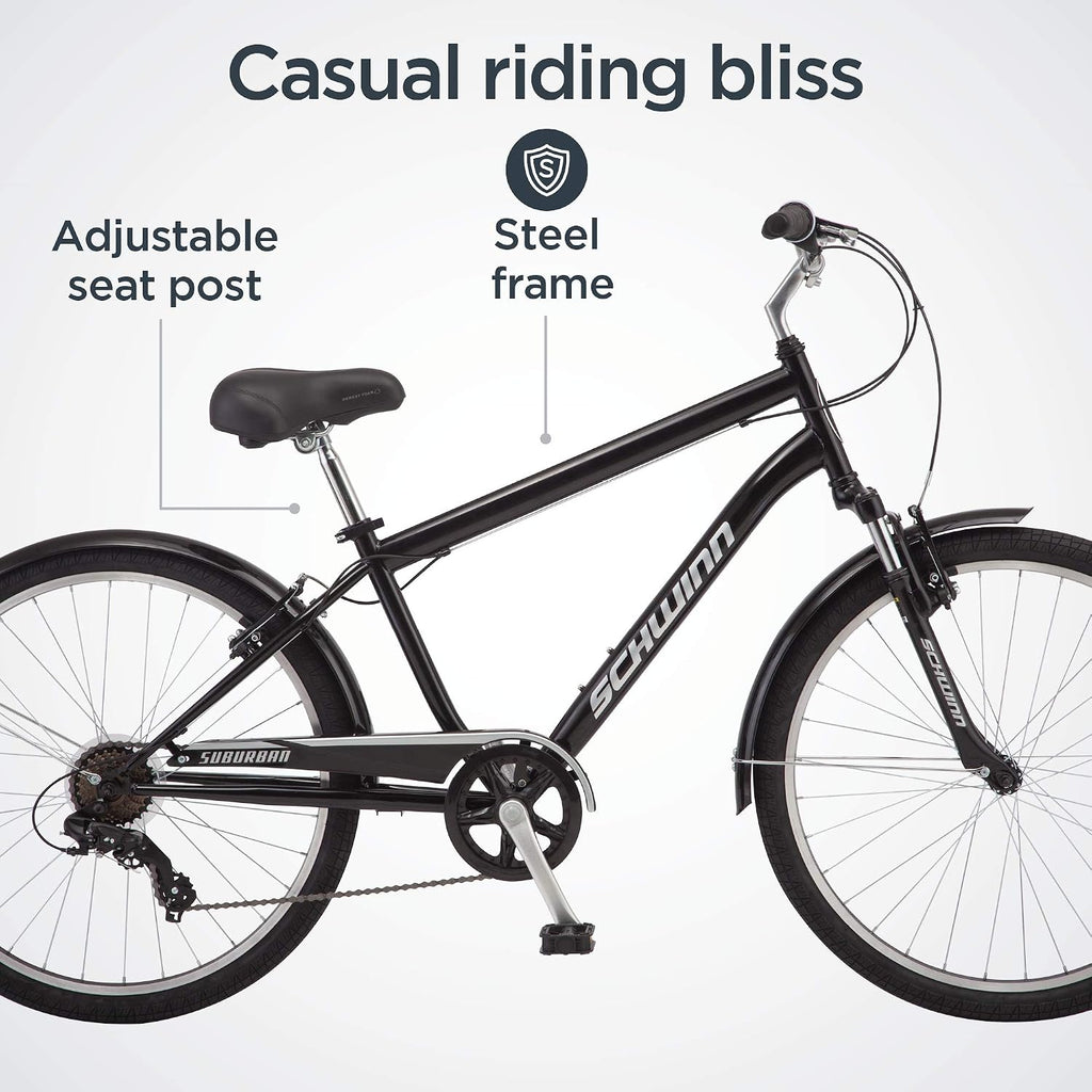 Schwinn Suburban Adult Comfort Bike, Men and Women, 26-Inch Wheels, 7 Speed Drivetrain, 16 or 17-Inch Aluminum Frame, Alloy Linear Hand Brakes