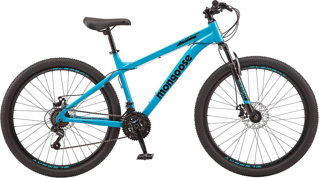Mongoose Grafton Mountain Bike, 21 Speed, Aluminum Frame, Knobby Mountain Tires, Suspension Fork, Trigger Shifters, Mechanical Disc Brakes | Trigger Shifter, Aluminum Frame, Front Suspension