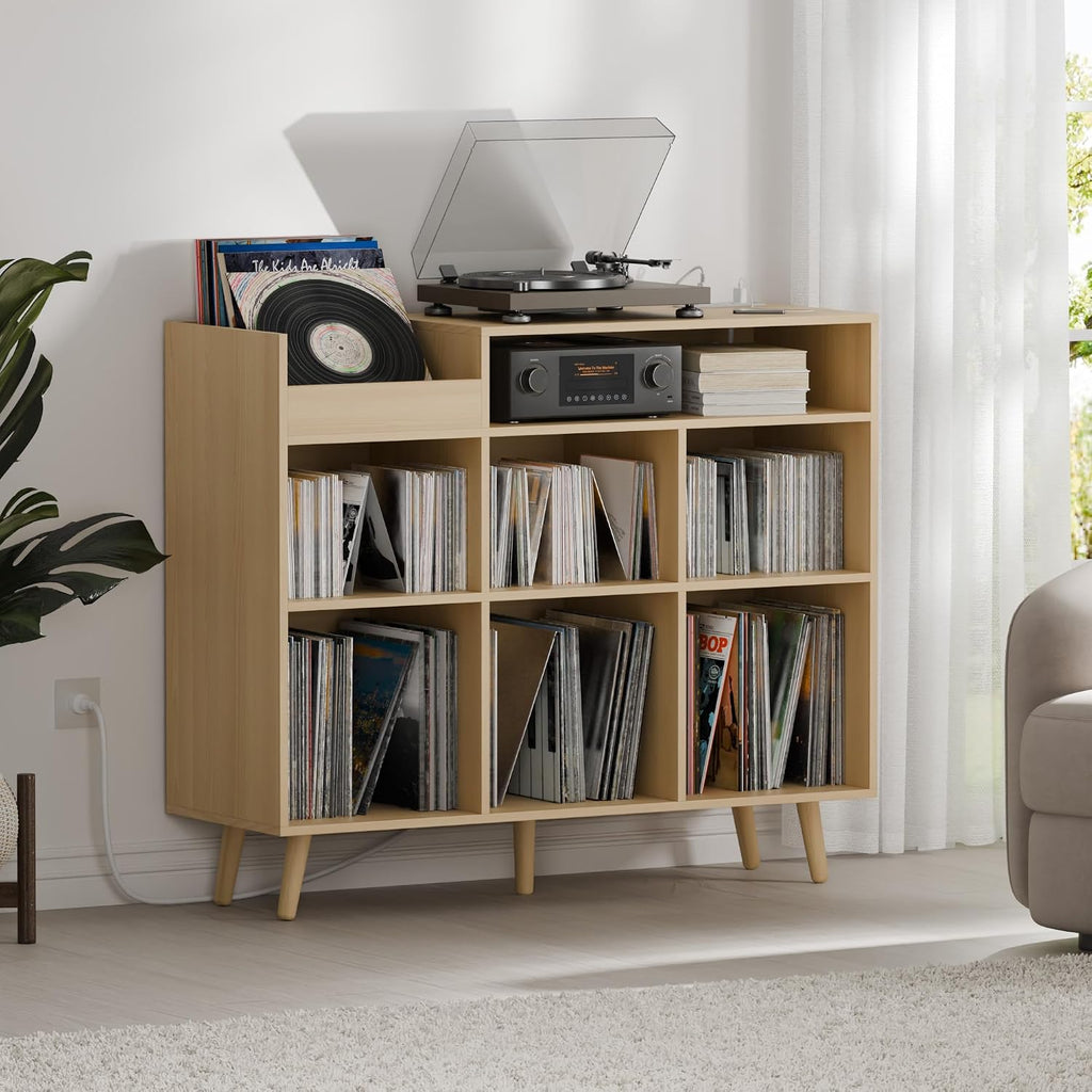 Cozy Castle Large Record Player Stand with Vinyl Storage Cabinet, Wood Turntable Table Open Shelf Holder Up to 500 Albums Cube Storage Organizer for Living Room, Office, Oak