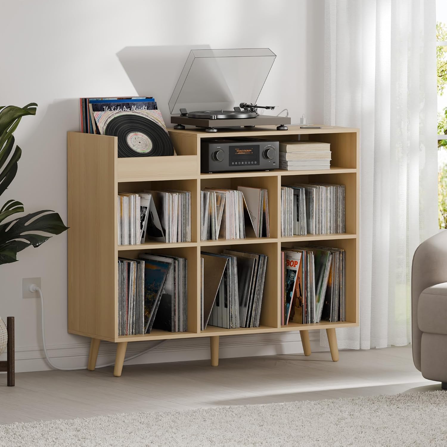Cozy Castle Large Record Player Stand with Vinyl Storage Cabinet, Wood Turntable Table Open Shelf Holder Up to 500 Albums Cube Storage Organizer for Living Room, Office, Oak