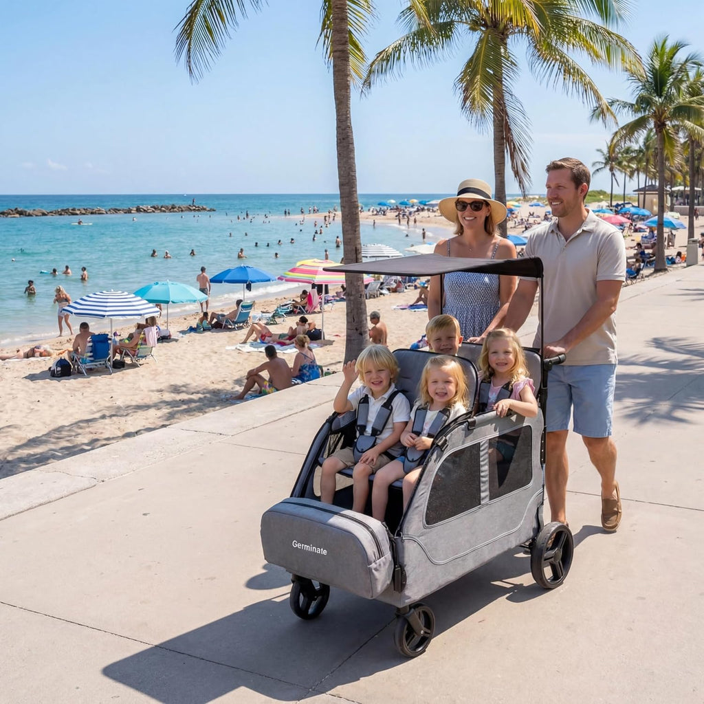 4 Seater Wagon Stroller, Large Quad Wagon for 2 3 4 Kids Baby Toddler Child with Seats, All Terrain, Triple Stroller, Adjustable Push/Pull Handles, Removable Canopy (Dark Grey)