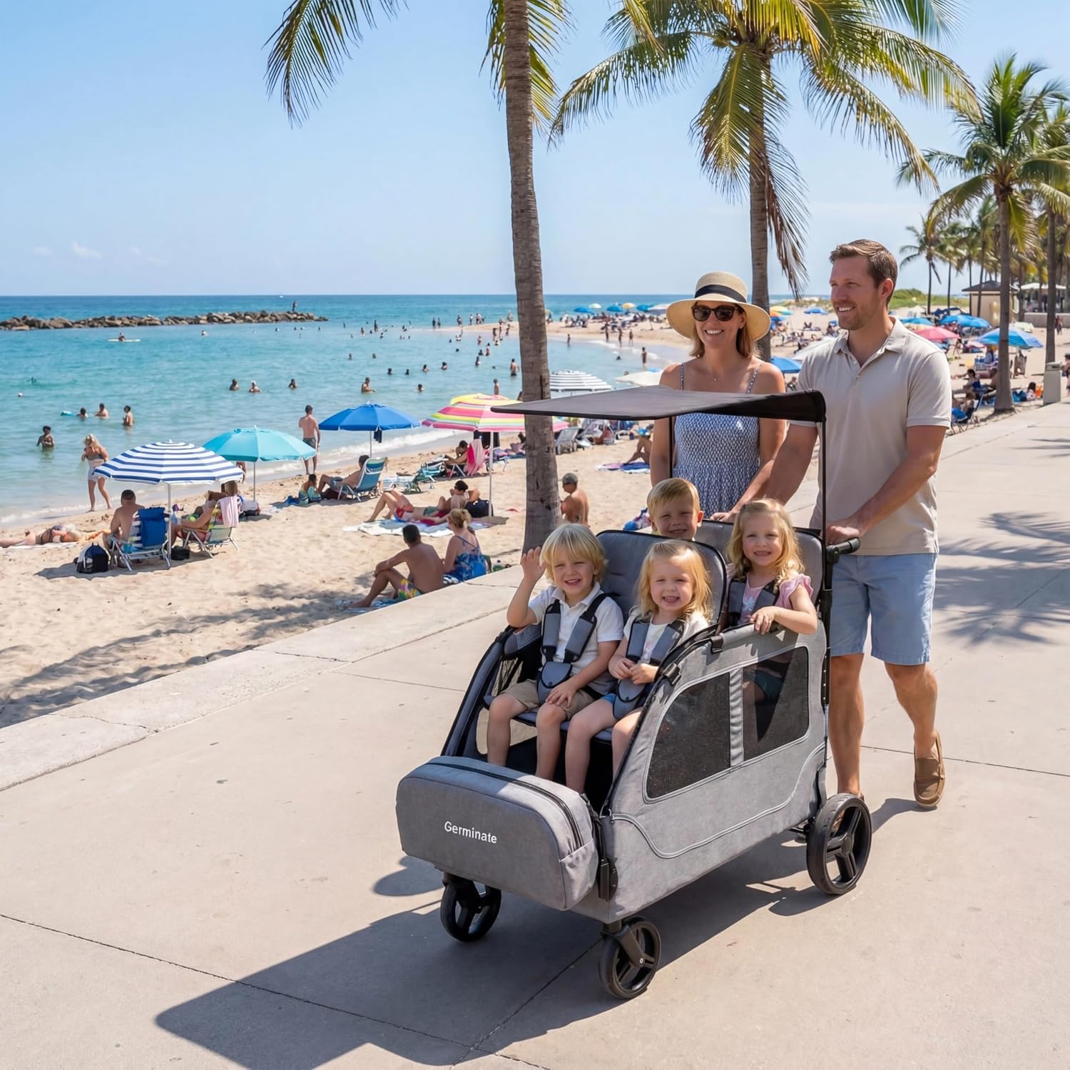 4 Seater Wagon Stroller, Large Quad Wagon for 2 3 4 Kids Baby Toddler Child with Seats, All Terrain, Triple Stroller, Adjustable Push/Pull Handles, Removable Canopy (Dark Grey)