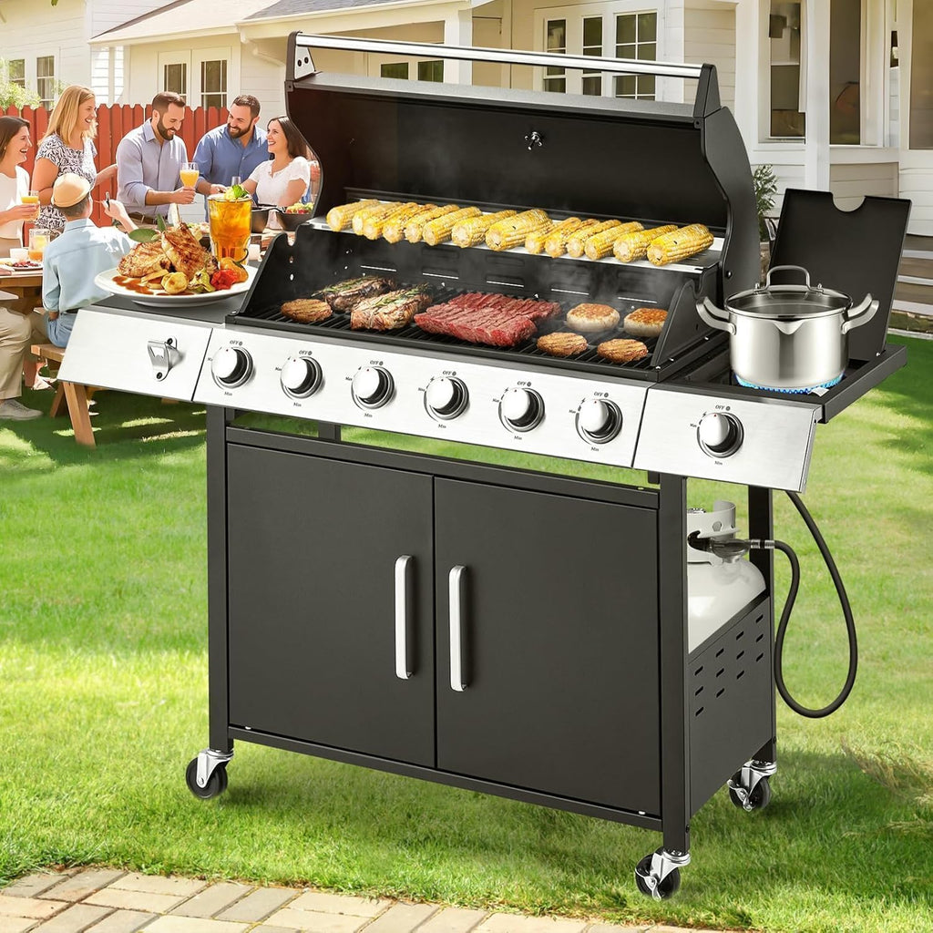 MELLCOM Upgraded 60,000 BTU Stainless Steel Burner Barbecue Grill, 6 Burner BBQ Propane Gas Grill with Side Stove & Cast Iron Grates for Patio, Camping, Outdoor Cooking