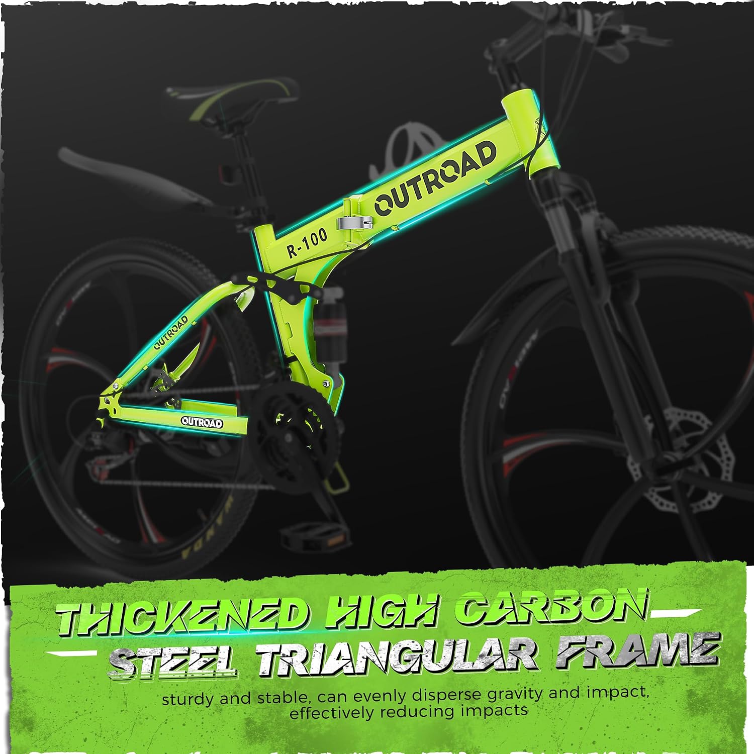 Outroad 26 Inch Folding Mountain Bike, 21 Speed Full Suspension High-Carbon Steel MTB Foldable Bicycle, Dual Disc Brake Non-Slip Folding Bikes for Adults/Men/Women, Black, Orange and Green