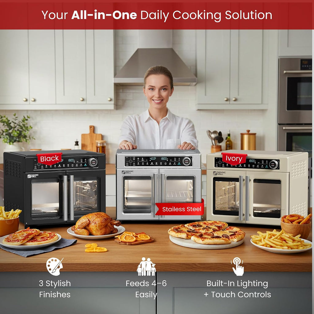 Magic Mill Ultra-Premium Dual-Zone Stainless Steel Air Fryer Toaster Oven Combo, Extra Large 32QT French Door Convection Oven with Next-Gen Patent Technology, 13 Accessories, Rotisserie, Sync Finish