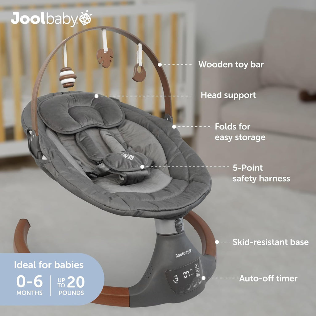 Jool Baby Nova Nature Baby Swing for Newborns with Natural Wood Toys, Electric Motorized Infant Swing, Bluetooth Music, Remote (Slate)