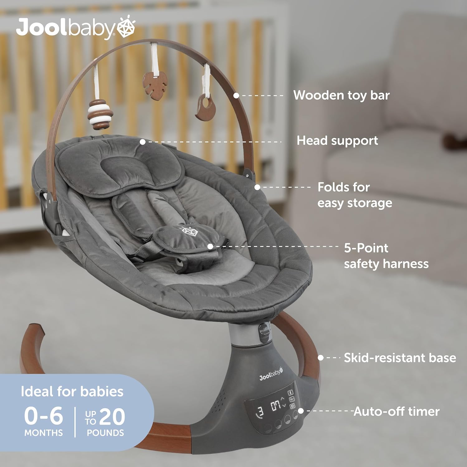 Jool Baby Nova Nature Baby Swing for Newborns with Natural Wood Toys, Electric Motorized Infant Swing, Bluetooth Music, Remote (Slate)
