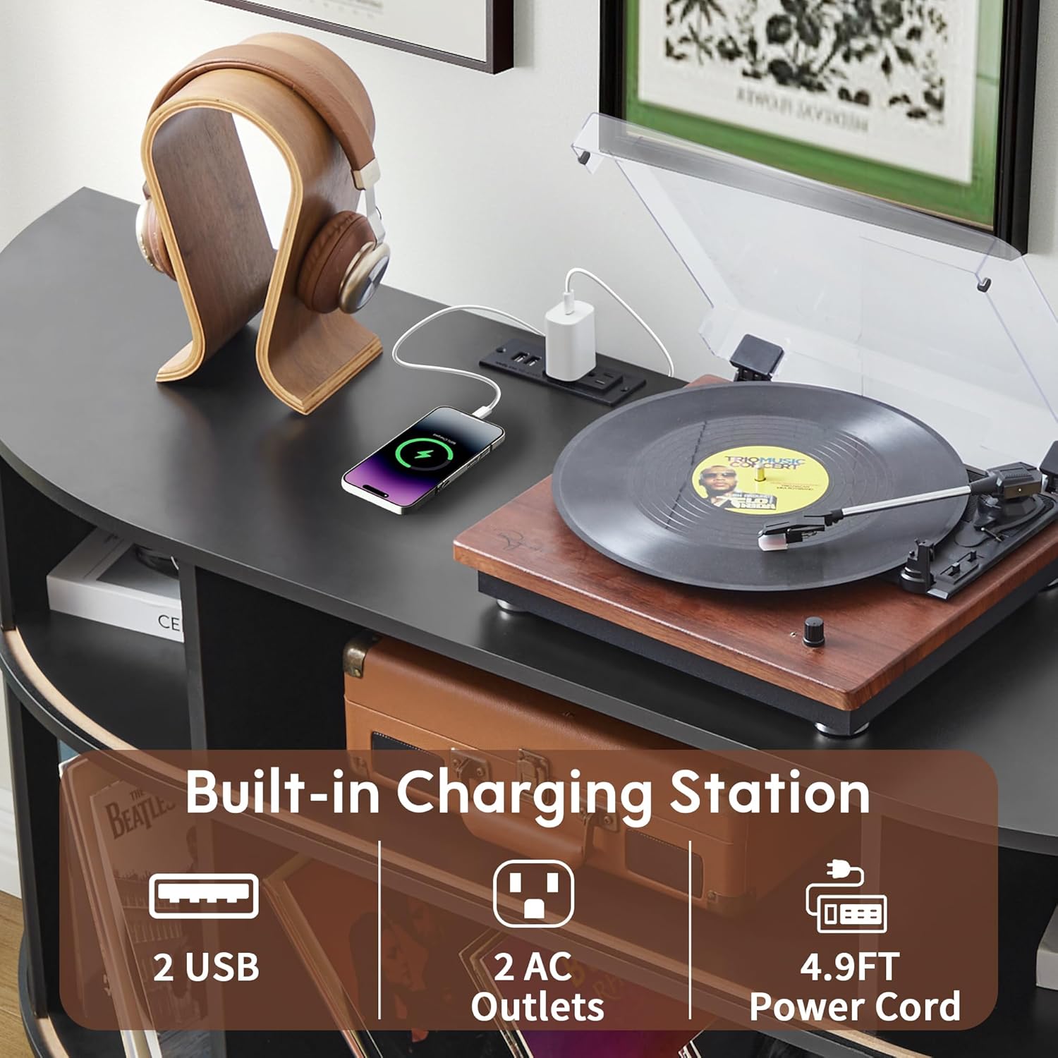 Large Record Player Stand, 55'' Wood Vinyl Record Storage Cabinet with Charging Station & USB Ports, Curved Turntable Table Open Shelf Holder Up to 300 Albums for Living Room(Black)