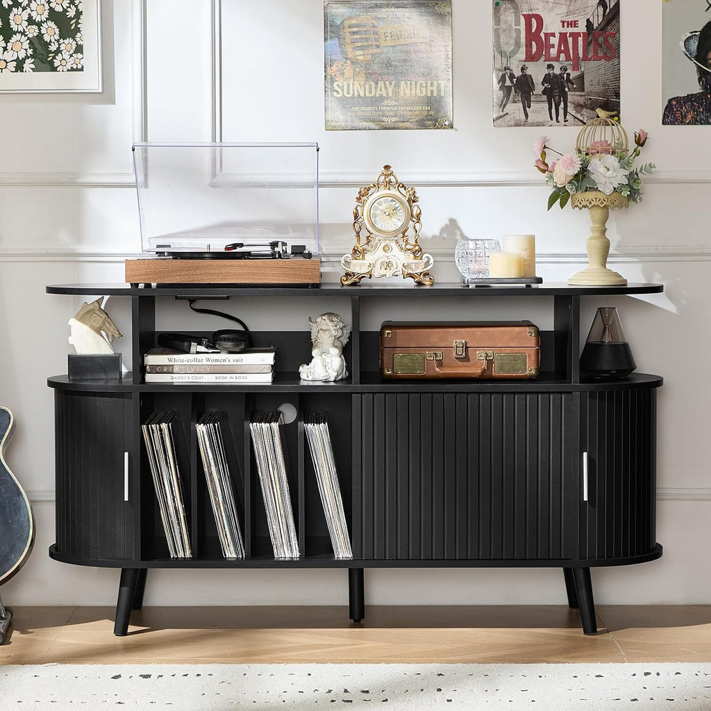 LELELINKY Extra Large Round Record Player Stand with Charging Station & Fluted Panel, Mid Century Modern Turntable Cabinet with Vinyl Storage, Arched Wood Record Player Table for Living Room,Black