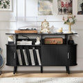LELELINKY Extra Large Round Record Player Stand with Charging Station & Fluted Panel, Mid Century Modern Turntable Cabinet with Vinyl Storage, Arched Wood Record Player Table for Living Room,Black