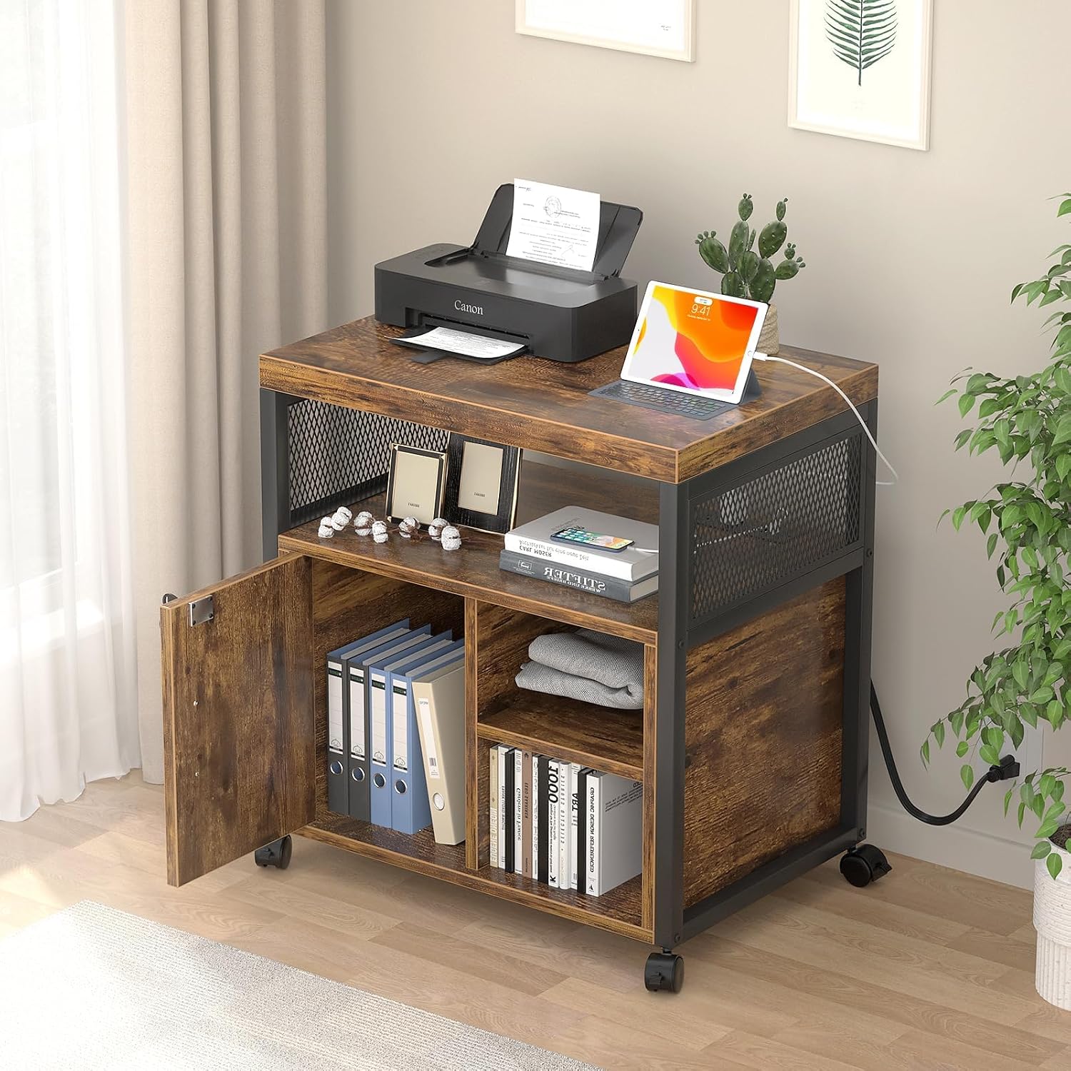 Unikito Rolling File Cabinet, Lateral Filing Cabinet on Wheels Mobile Office Printer Stand with Door and Open Storage Shelf for A4, Letter Size and Hanging File Folders, Lockable, Rustic Brown