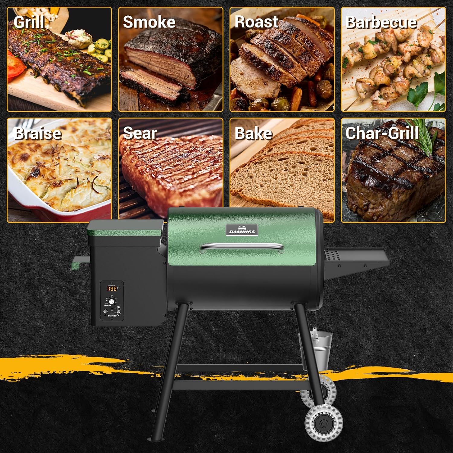DAMNISS Pellet Smoker Grill Combo, 456 SQ.IN Cooking Area with PID Temperature Control (180-450°F) Electric BBQ Meat Grills & Smokers, Patio Backyard for Roast Outdoor