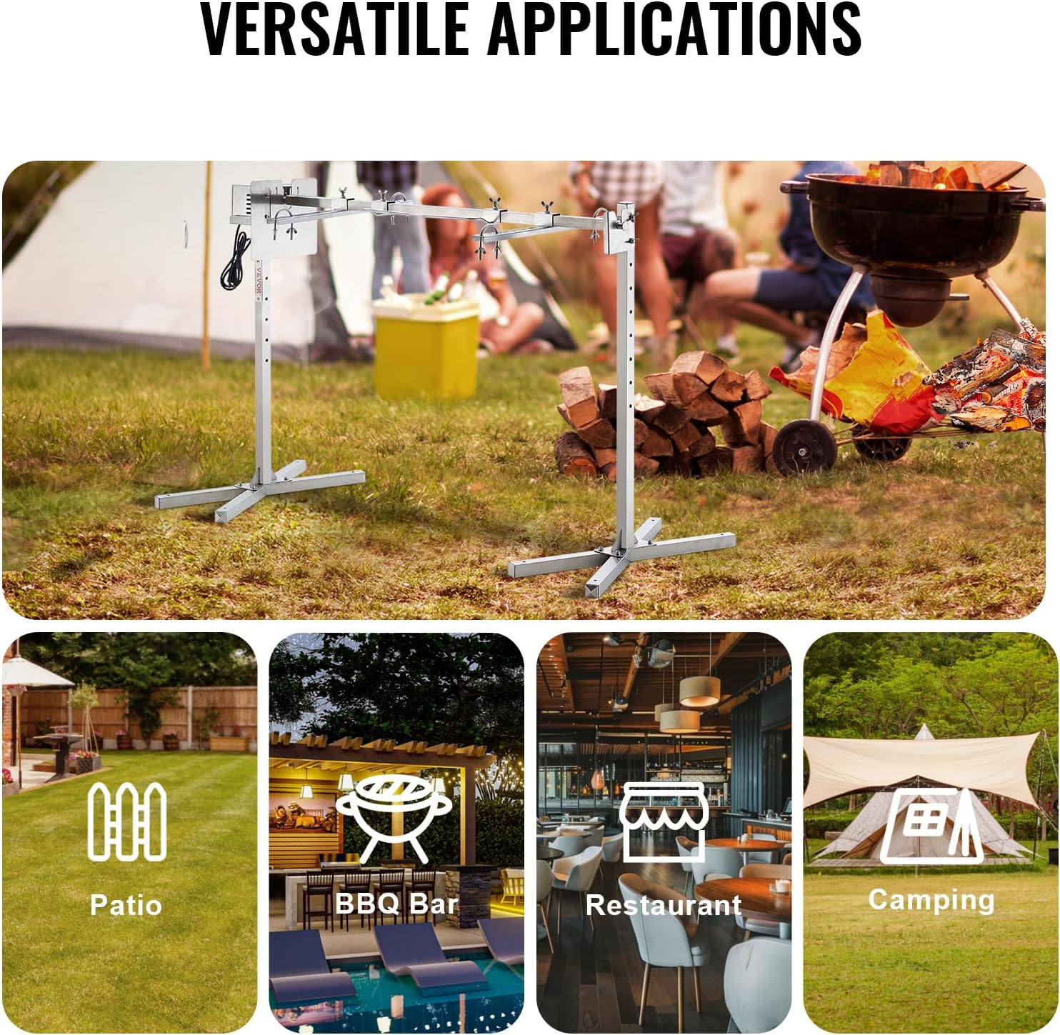 VEVOR Electric BBQ Rotisserie Grill Kit, 52 Inch 88 lbs Capacity, Automatic 38W Motor Height Adjustable Universal Roaster Stand, Stainless Steel Grilling Kit, Spit Rod with Heat Shield for Pig Lamb