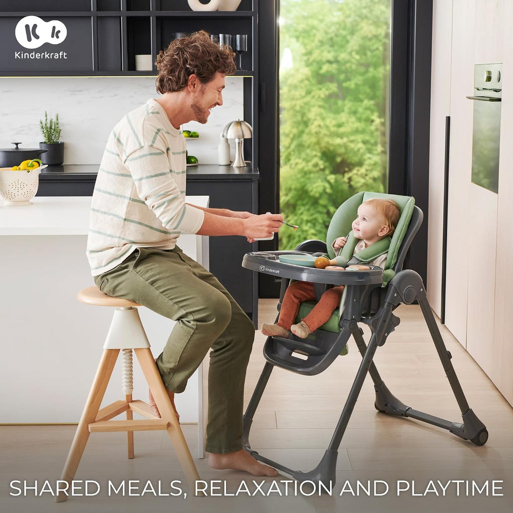 Kinderkraft Tummie, 2-in-1 high Chair, Baby Chair, Ergonomic, Comfortable, Reclining, Foldable, with Ajustable Height, Footrest, Detachable Tray, for Toddler, with Toys, Gray
