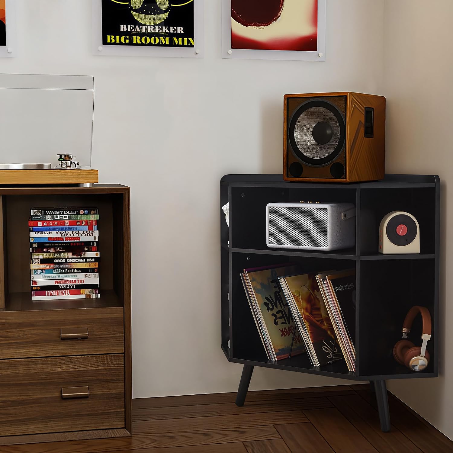 Corner Record Player Stand with Charging Station & USB Ports, 3 Tier Mid Century Modern Vinyl Record Storage Cabinet, Wood Turntable Stand for Music Room, Living Room, Small Space (Black)