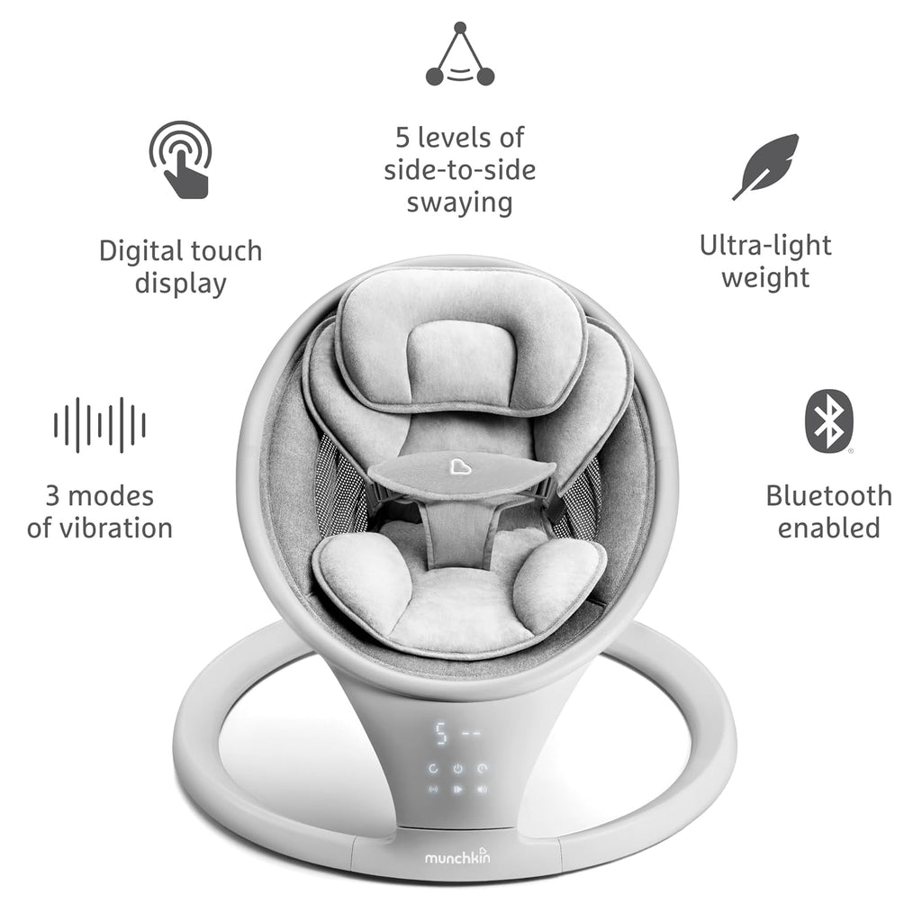 Munchkin Electric Baby Swing with Vibration - Portable Swing for Newborn and Infant, Bluetooth-Enabled Smart Seat with Music, Motion, and Sounds, Light Grey
