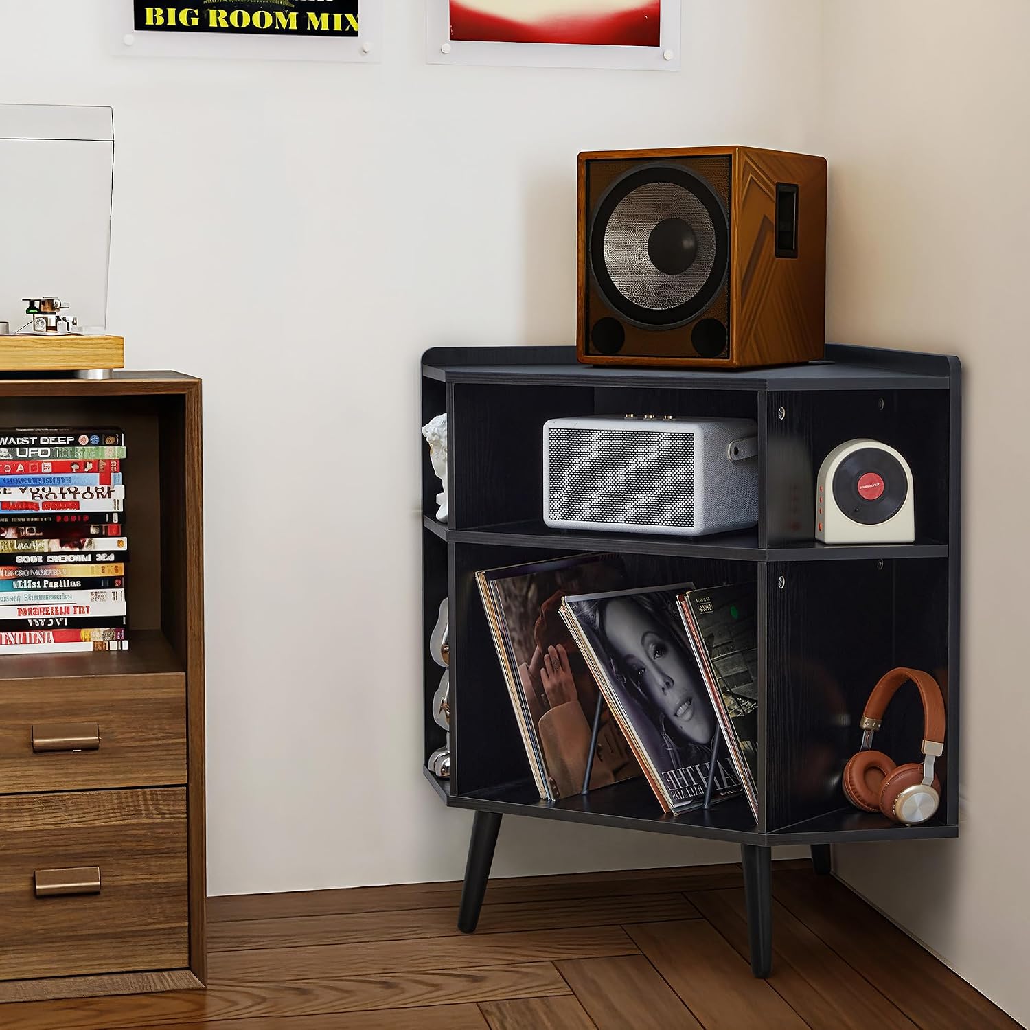 Corner Record Player Stand with Charging Station & USB Ports, 3 Tier Mid Century Modern Vinyl Record Storage Cabinet, Wood Turntable Stand for Music Room, Living Room, Small Space