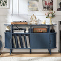 LELELINKY Extra Large Round Record Player Stand with Charging Station & Fluted Panel, Mid Century Modern Turntable Cabinet with Vinyl Storage, Arched Wood Record Player Table for Living Room,Blue
