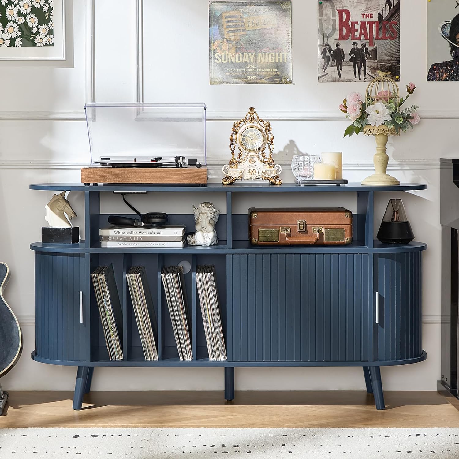 LELELINKY Extra Large Round Record Player Stand with Charging Station & Fluted Panel, Mid Century Modern Turntable Cabinet with Vinyl Storage, Arched Wood Record Player Table for Living Room,Blue