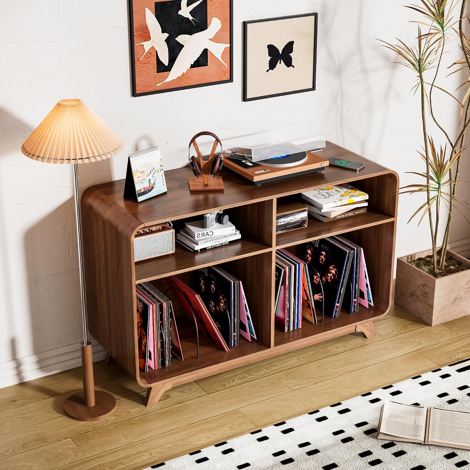 Record Player Stand with Vinyl Storage Cabinet with Charging Station & USB Ports, Turntable Stand Table Holds Up to 350 Albums, Curved Vinyl Record Cabinet for Living Room (Walnut, 42.5-inch)