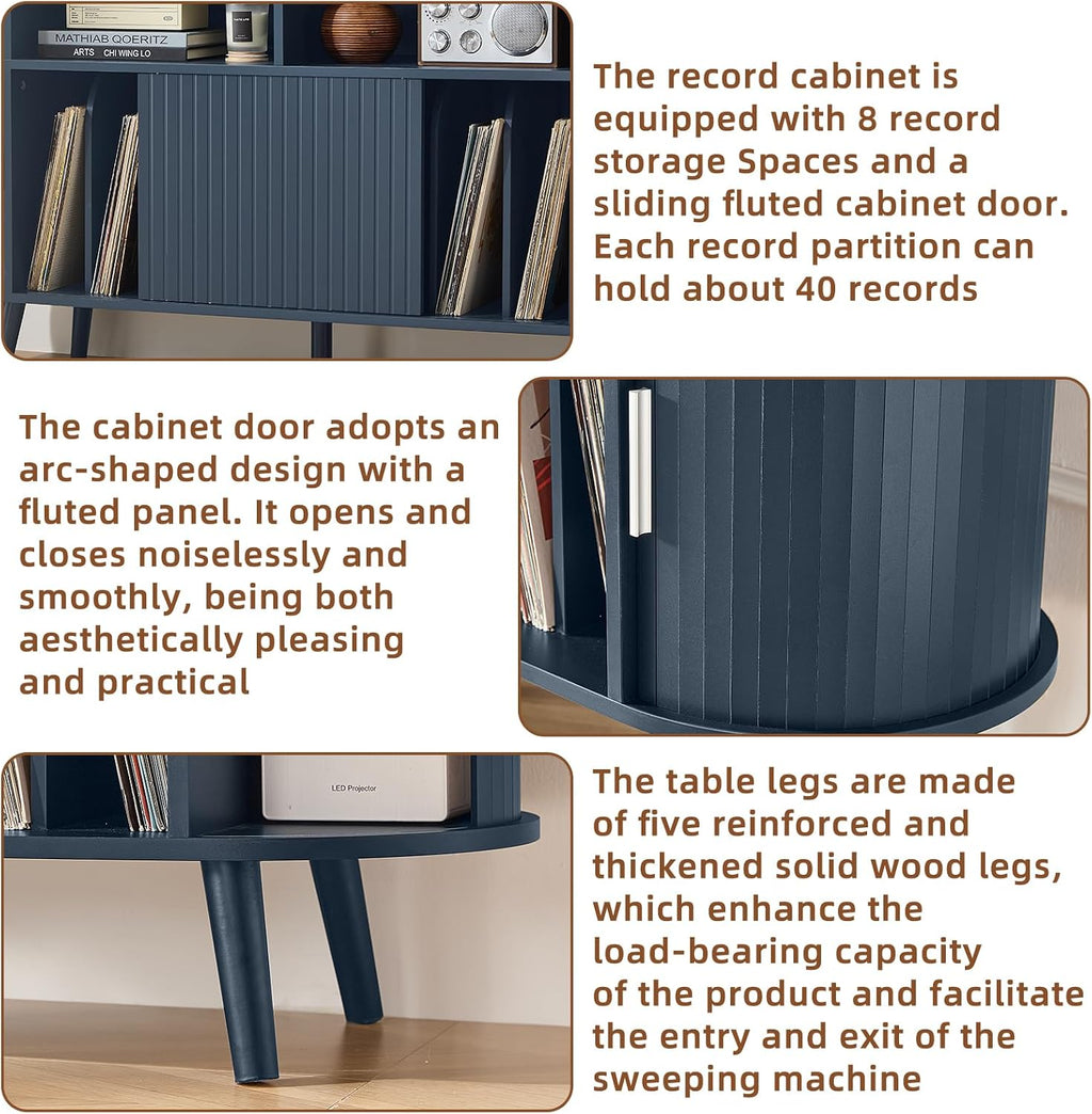 LELELINKY Extra Large Round Record Player Stand with Charging Station & Fluted Panel, Mid Century Modern Turntable Cabinet with Vinyl Storage, Arched Wood Record Player Table for Living Room,Blue