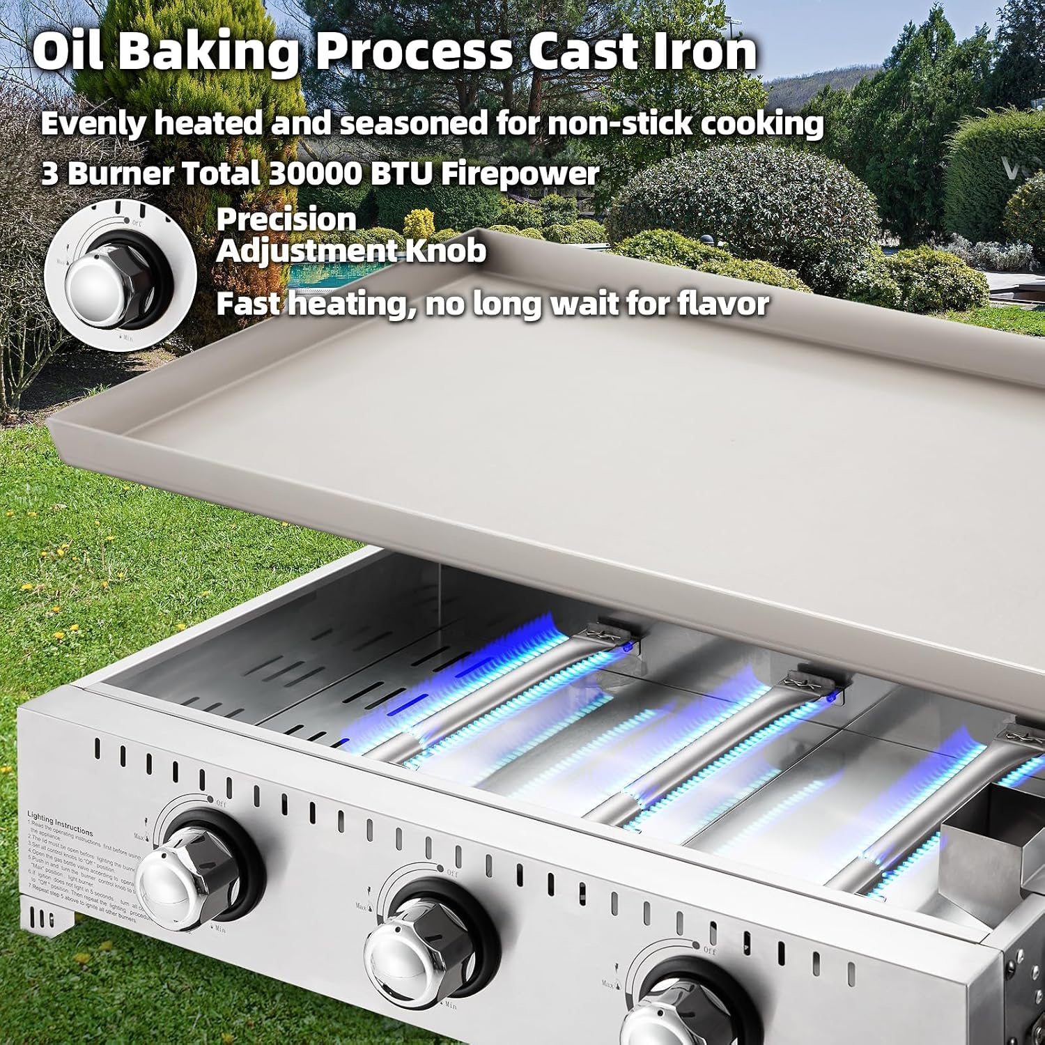 MELLCOM 3 Burner 30000 BTU Outdoor Gas Griddle with Lid (Side Shelf), Portable Flat Top Griddle 28 Inch Heavy- Duty Cast lron Grill, Bottle Rack & Grease Pan for Camping, Picnic, Patio