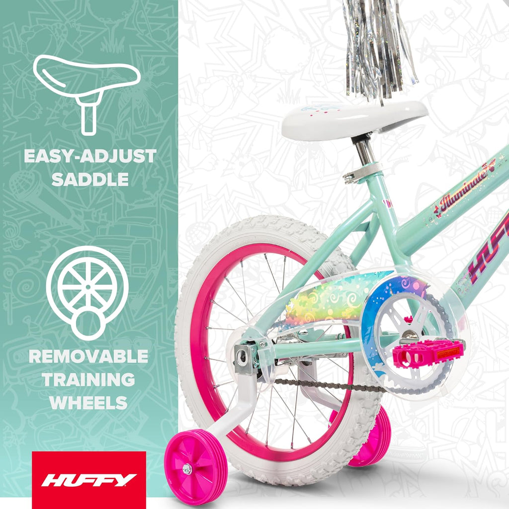 Huffy Illuminate Bike for Girls, 12/16/20 Inch Size Options, Ages 3+ Years Old, Removable Training Wheels (12' and 16' Only), Multiple Color Options, Easy Assembly, Adjustable Seat, Durable