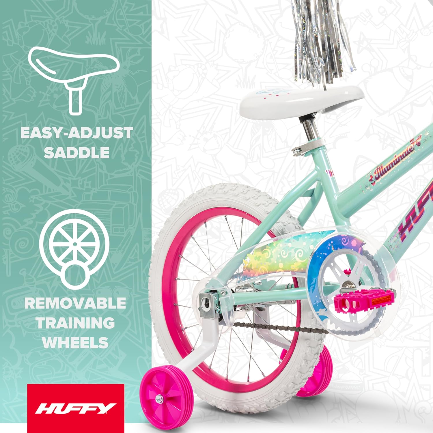 Huffy Illuminate Bike for Girls, 12/16/20 Inch Size Options, Ages 3+ Years Old, Removable Training Wheels (12' and 16' Only), Multiple Color Options, Easy Assembly, Adjustable Seat, Durable