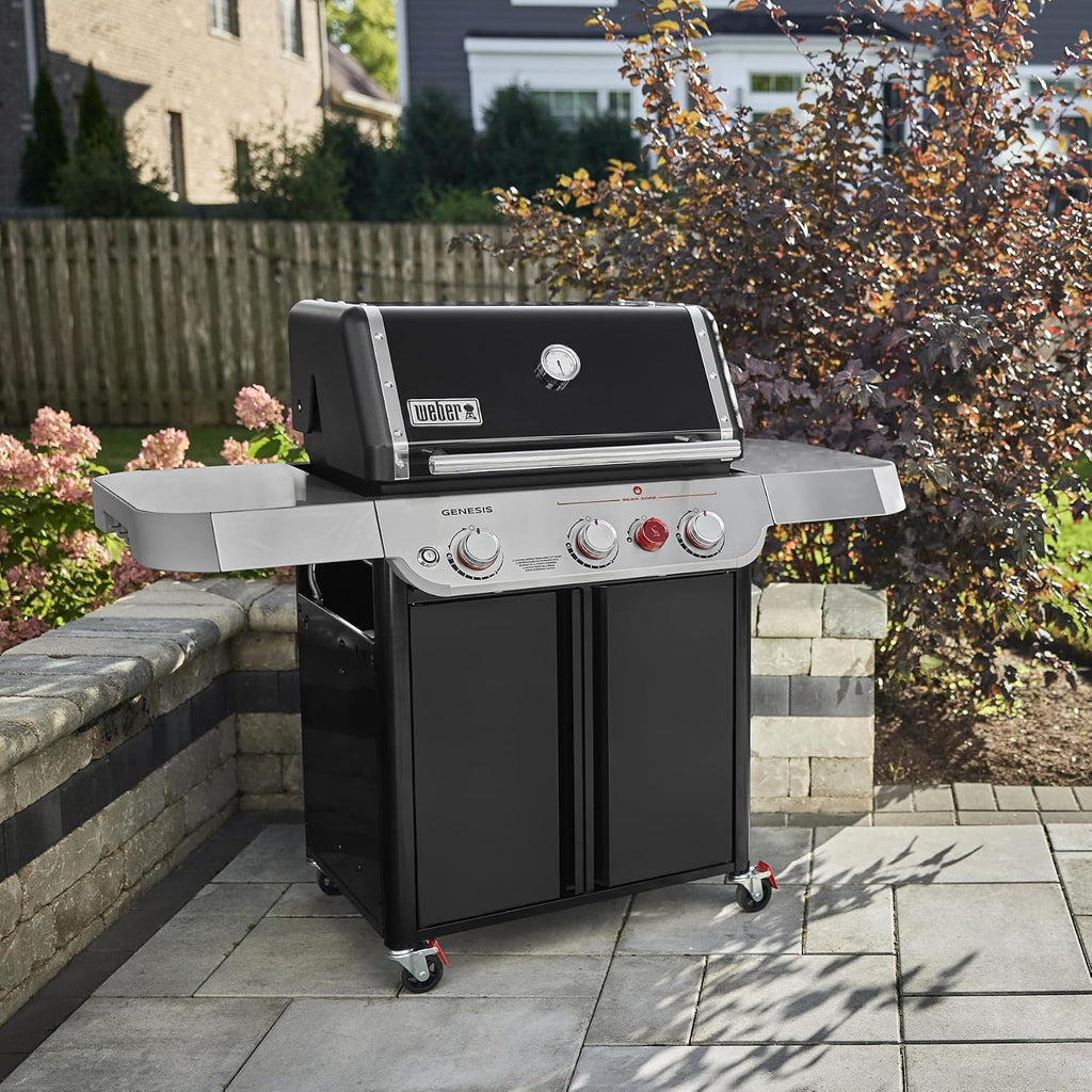 Weber Genesis E-325 Liquid Propane Gas Grill for Outdoor Cooking, 3 Burners, Black – Porcelain-Enameled, Cast-Iron Grates, PureBlu Burners & Sear Zone