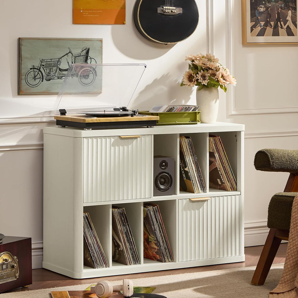 LEYAOYAO Large Record Player Stand with Vinyl Storage Up to 450 Albums, Wood Fluted Record Storage Accent Cabinet, Modern Stereo Media Cabinets, Wide Turntable Stand for Living Room, Antique White