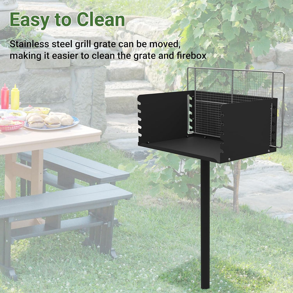 Park Grills, 384 Sq. In, Park Style Charcoal Grill, Heavy Duty In Ground Park Grill with Stainless Steel Cooking Grate and Cover for Commercial and Outdoor Cooking 25.5'' L x 17'' W x 11'' H