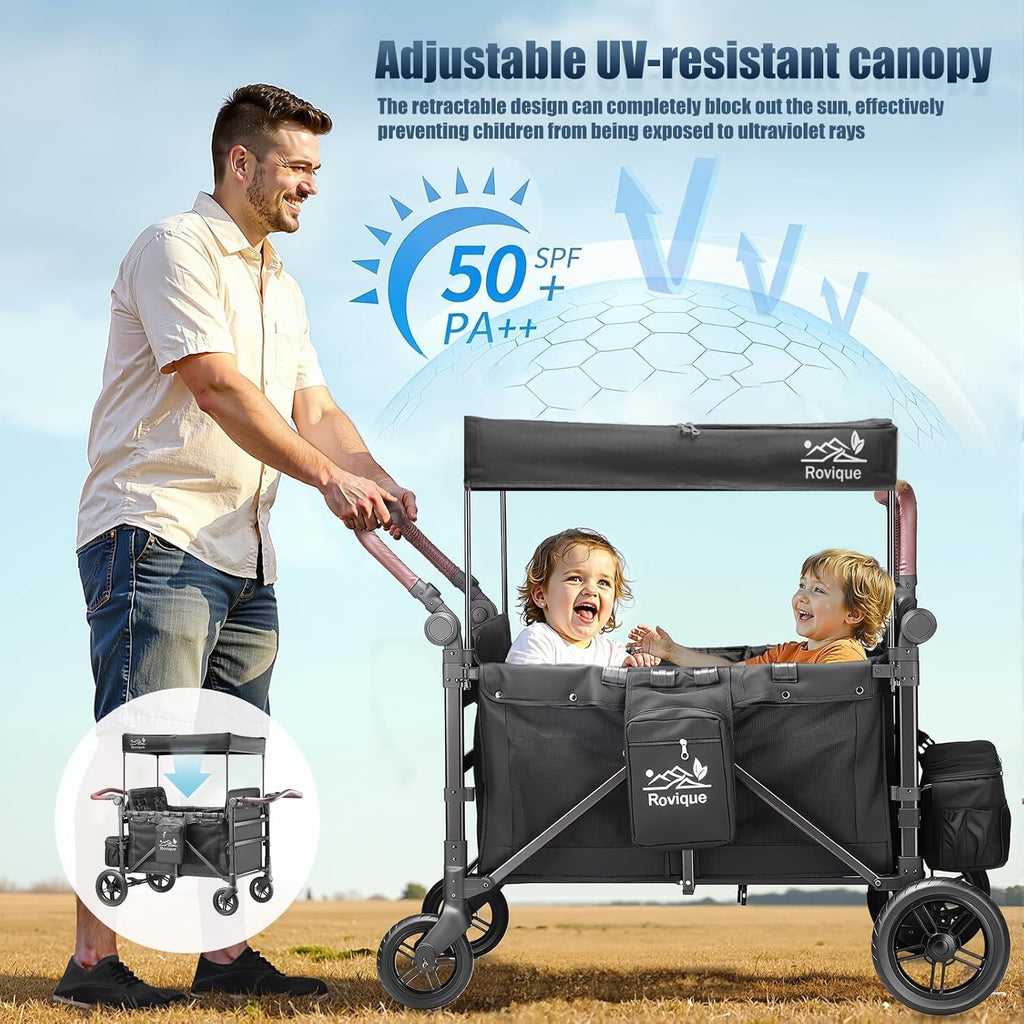 Rovique 4 Seater Wagon Stroller – Deluxe Quad Wagon for 4 Kids with Snack Trays,All-Terrain Wheels,Push Handle, Canopy,Aluminum Frame – Gift for Baby Showers,New Parents,Birthdays