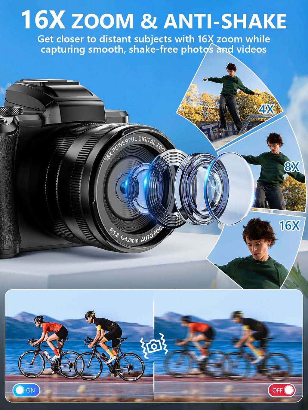 8K Digital Camera, 88MP WiFi Cameras for Photography with 3.2' Touchscreen, 16X Zoom Autofocus Vlogging Camera for YouTube Video, Anti-Shake, Dual Camera, 2 Batteries, 64GB Card, Flash, Lens Hood