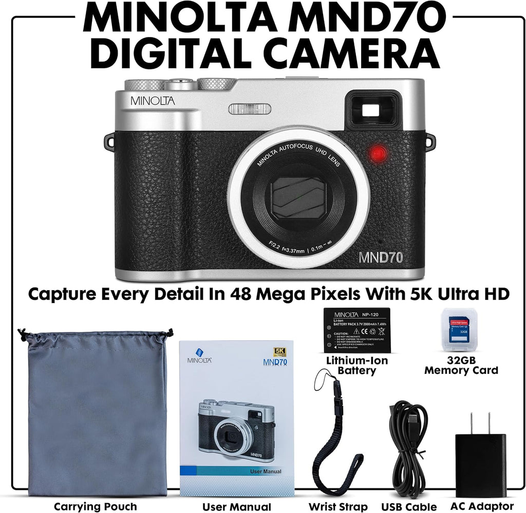 Minolta Retro Digital Camera – 48MP Autofocus Compact with 5K Ultra HD Video, Rear Selfie Lens, 16x Zoom, WiFi, 2.8-inch LCD Screen, Digital Stabilization, Optical Viewfinder, 32GB Card (Silver)