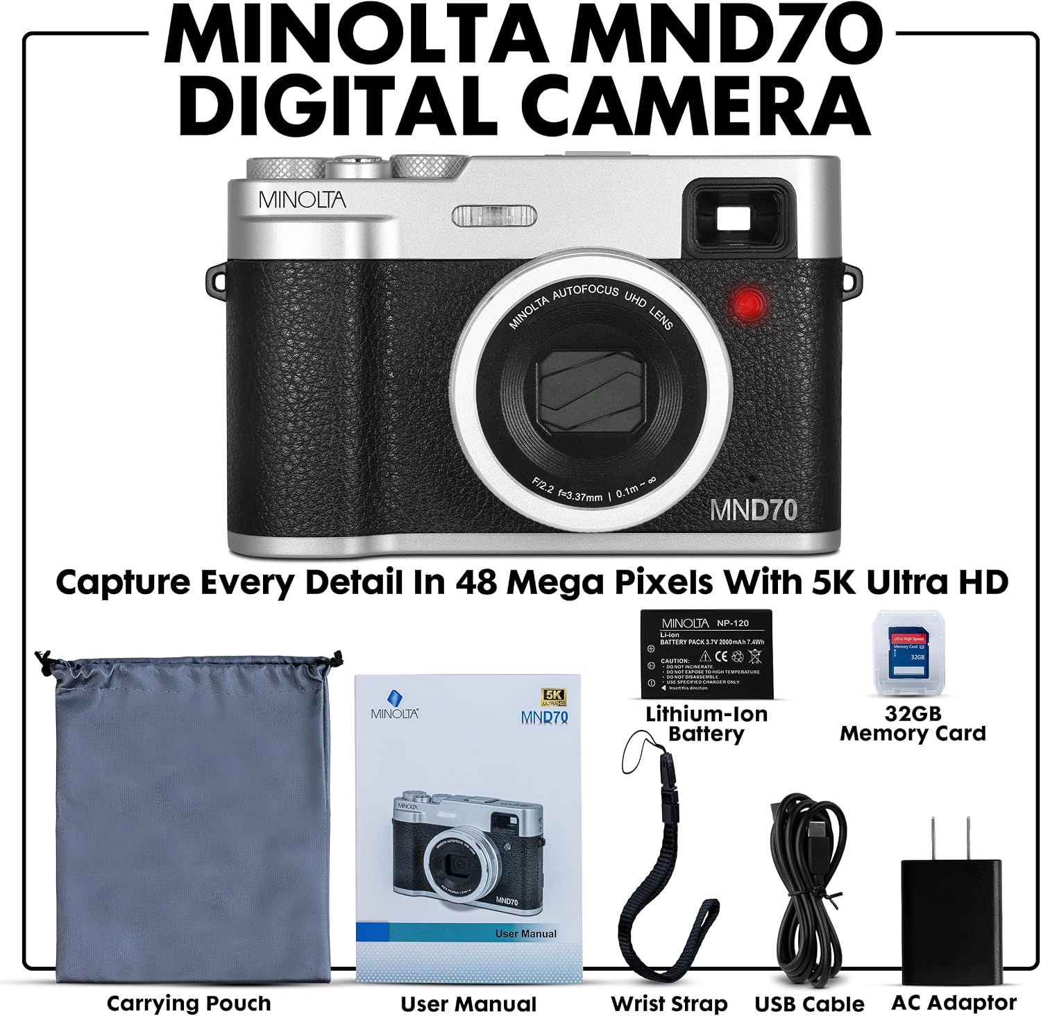 Minolta Retro Digital Camera – 48MP Autofocus Compact with 5K Ultra HD Video, Rear Selfie Lens, 16x Zoom, WiFi, 2.8-inch LCD Screen, Digital Stabilization, Optical Viewfinder, 32GB Card (Silver)