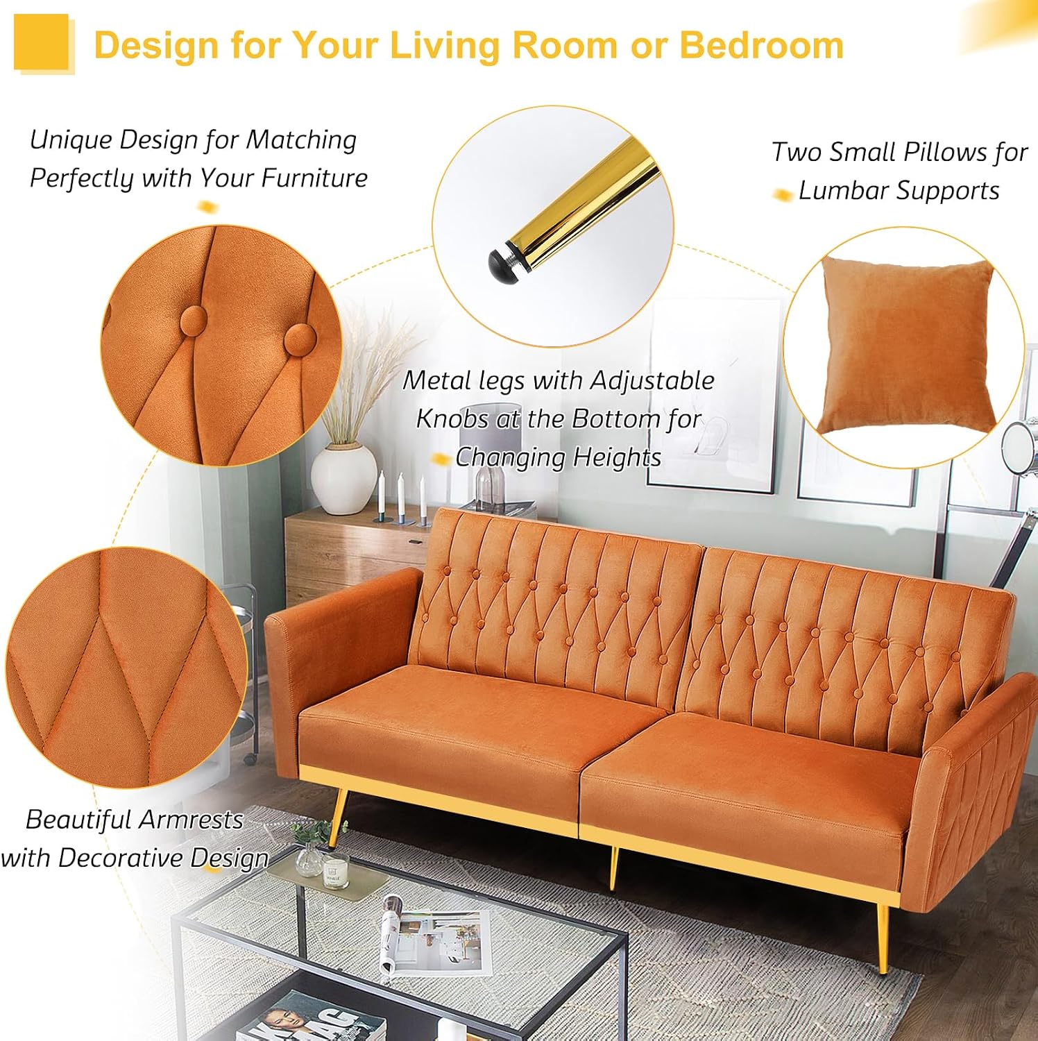 70' Velvet Futon Sofa Bed w/Adjustable Armrests & 2 Pillows, Convertible Futon Couch w/Adjustable Backrests, Modern Sleeper Bed for Living Room, Bedroom, Orange