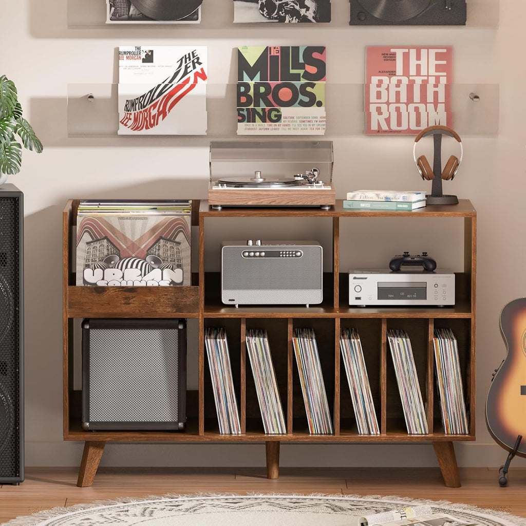 LELELINKY Large Record Player Stand, 48''Turntable Stand with Storage, Vinyl Record Holder with Display Area, Record Player Table Holds Up to 450 Albums, Record Stand for Music Room Living Room