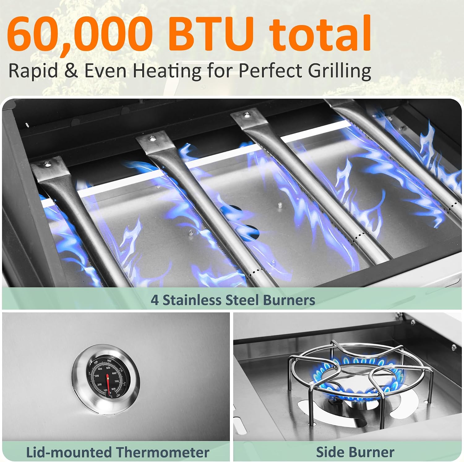Polar Aurora Propane Gas Grill 4 Burners with Side Burner, Stainless Steel Grill Cart with Wheels for Outdoor Patio Garden Backyard Cooking bbq Grill