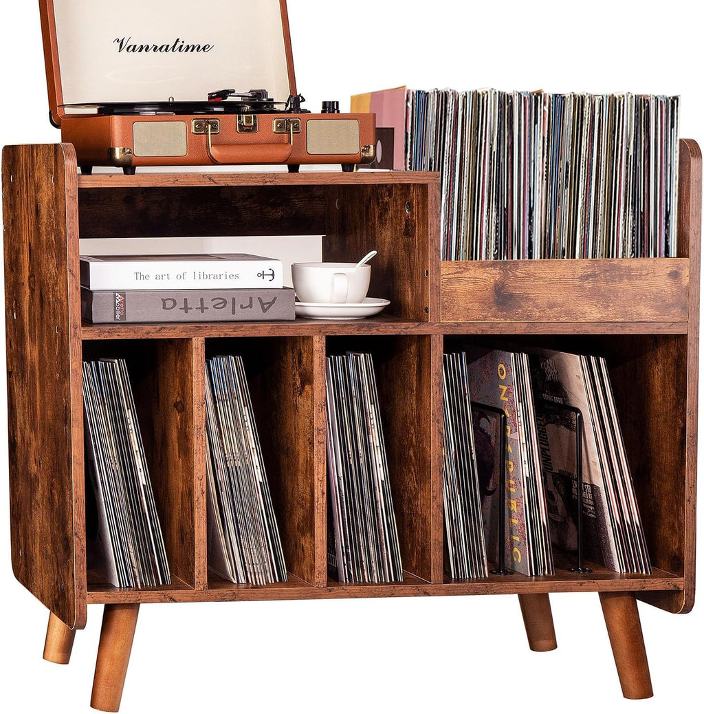 Record Player Stand, Large Record Player Table Cabinet with Open Vinyl Storage and Display Shelf Holds up to 250 Albums, Mid Century Wood Turntable for Living Room, Bedroom (Brown)