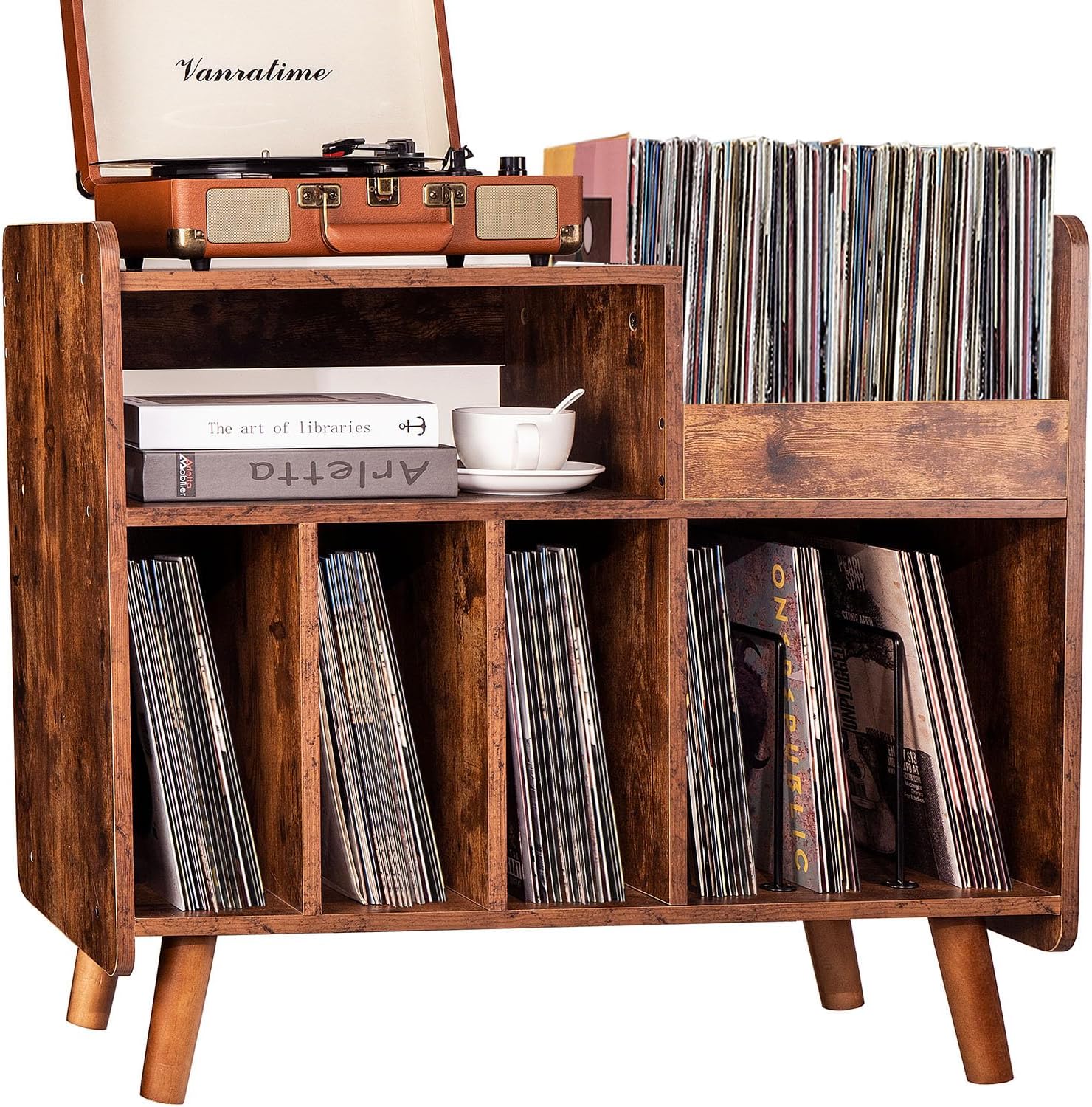 Record Player Stand, Large Record Player Table Cabinet with Open Vinyl Storage and Display Shelf Holds up to 250 Albums, Mid Century Wood Turntable for Living Room, Bedroom (Brown)