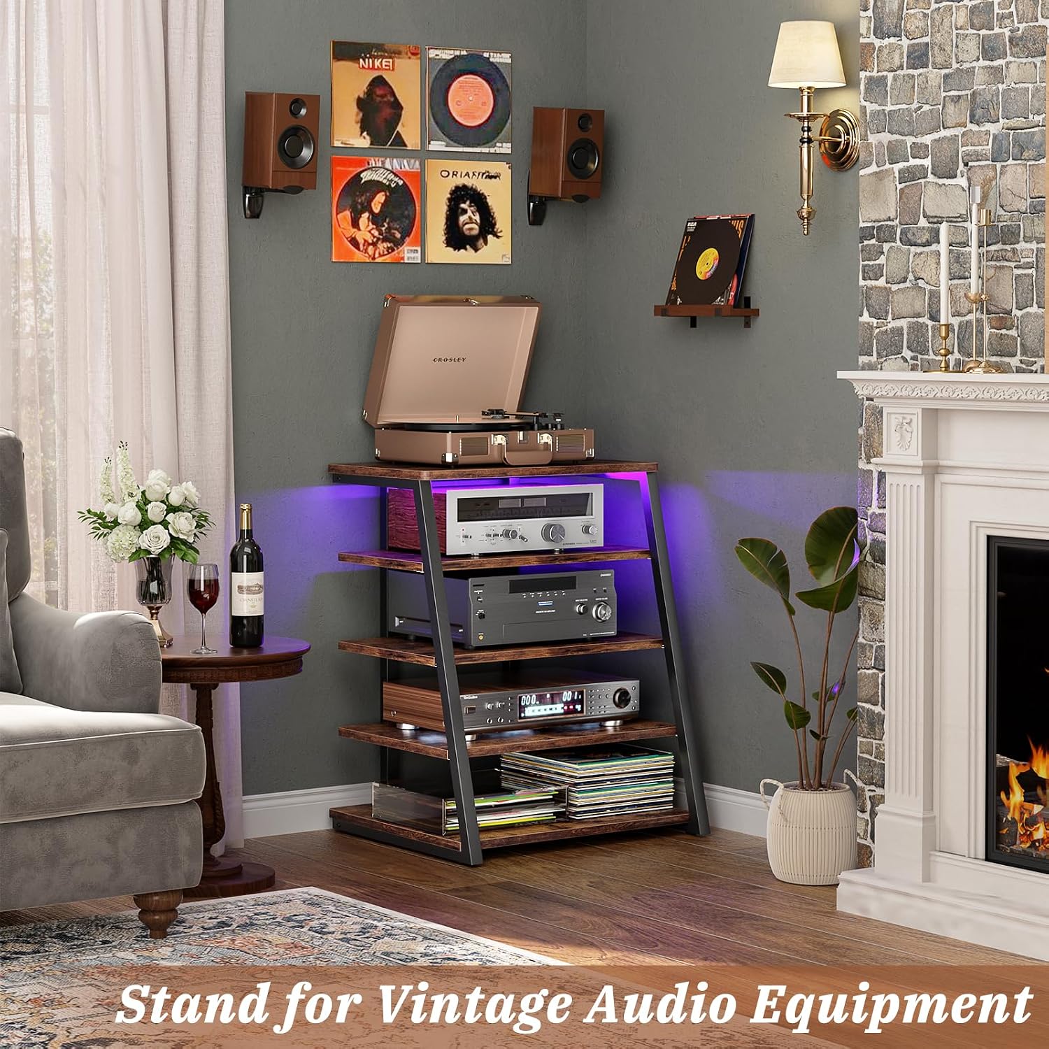 Armocity 5-Tier AV Media Stand with Power Strips, Media Console with LED Lights, Audio Tower Rack with Adjustable Shelves, Stereo Stands and Racks, 40.8'', Rustic Brown