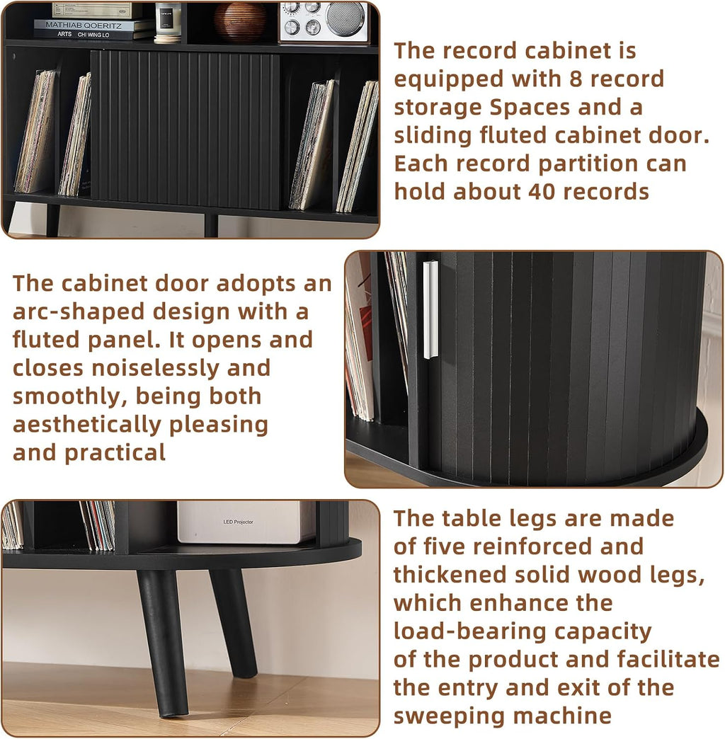LELELINKY Extra Large Round Record Player Stand with Charging Station & Fluted Panel, Mid Century Modern Turntable Cabinet with Vinyl Storage, Arched Wood Record Player Table for Living Room,Black