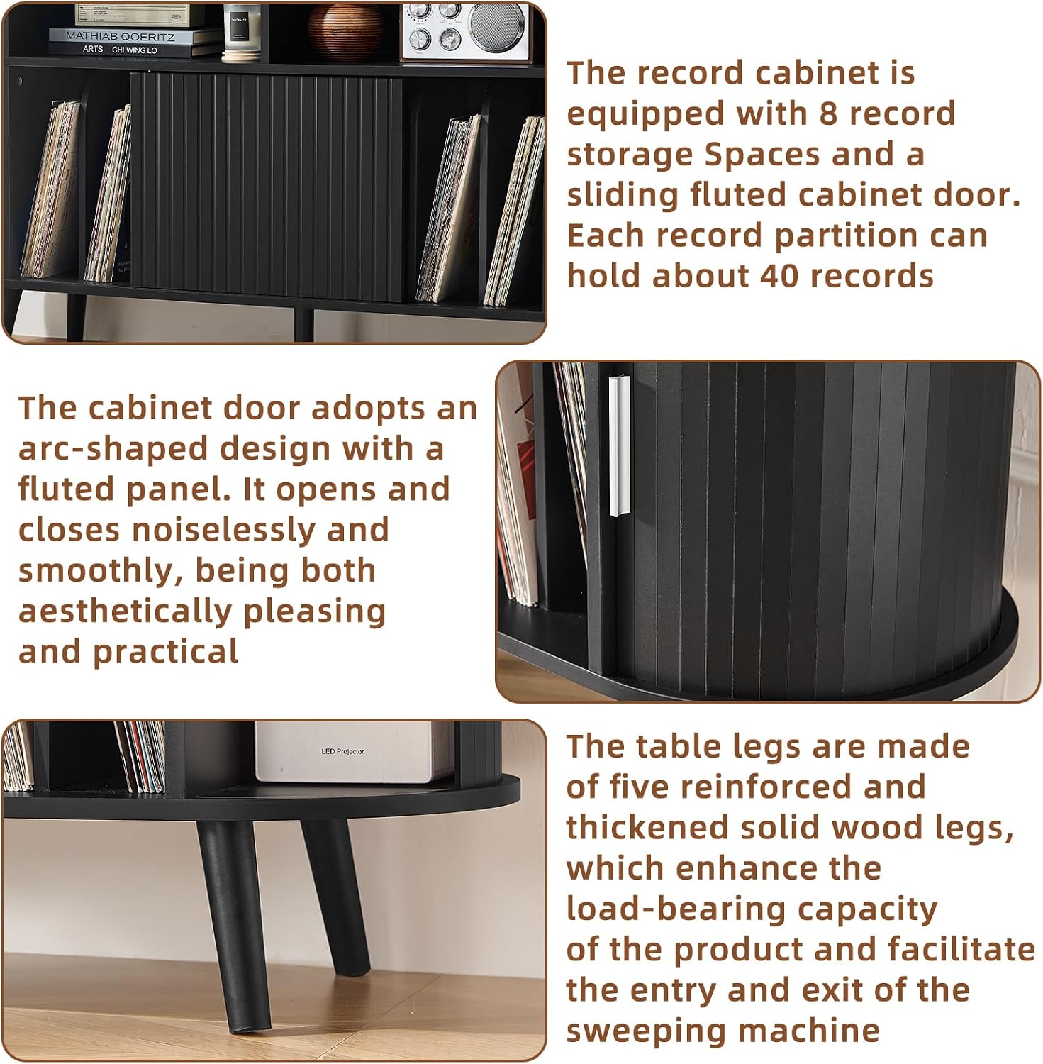 LELELINKY Extra Large Round Record Player Stand with Charging Station & Fluted Panel, Mid Century Modern Turntable Cabinet with Vinyl Storage, Arched Wood Record Player Table for Living Room,Black