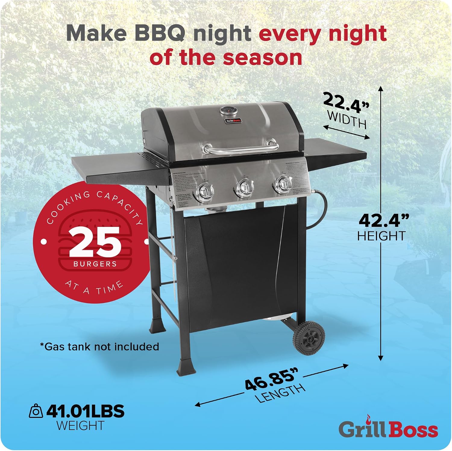 Grill Boss 3 Burner Propane Gas Grill, Portable BBQ w/Lid, Wheels & Side Shelves, Black - Grilling Accessories and Equipment for Camping, Tailgating, Outdoor Barbecue and Cooking
