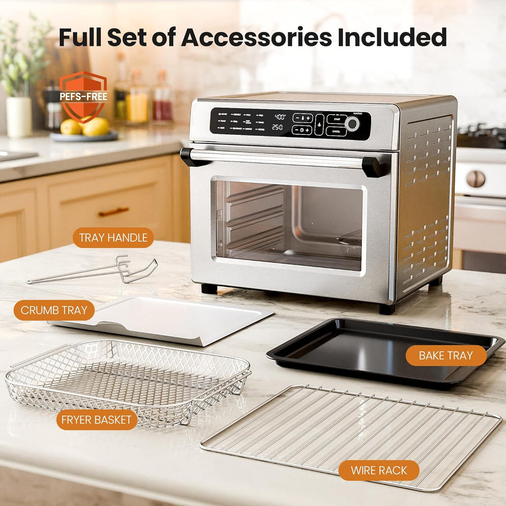 Kismile 25QT Air Fryer Toaster Oven Combo, 12-in-1 Large Countertop Convection Airfryer Oven, 70–450℉, Bake, Roast, Reheat, Broil, Fits 12″ Pizza, Includes Full Accessories, Stainless Steel(Silver)
