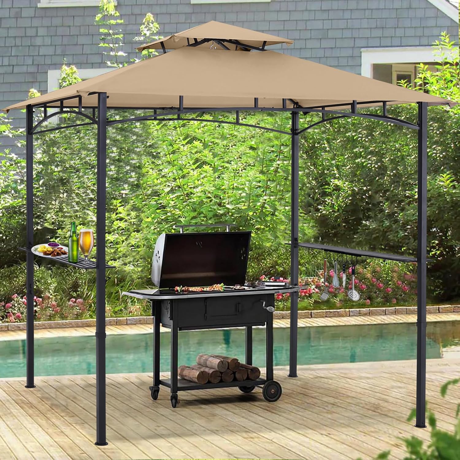 ABCCANOPY 8'x 5' Grill Gazebo Shelter, Outdoor BBQ Gazebo Canopy with LED Light (Khaki)