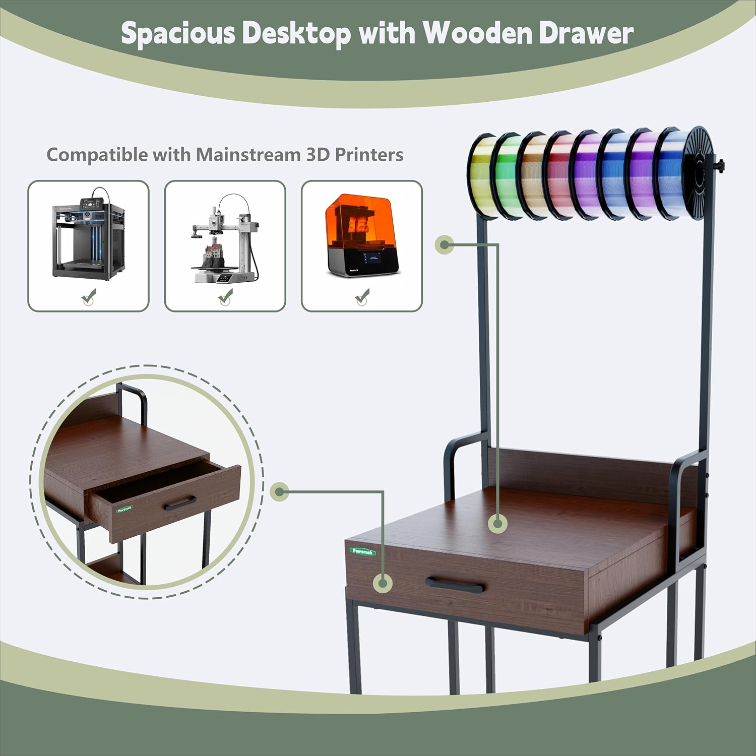 PT2GO Heavy Duty 3D Printer Table Stand with Wooden Drawer, Dual Desk 3D Printer Table, Rolling Filament Spool Holder with Power Hub for Garage Office Workshop