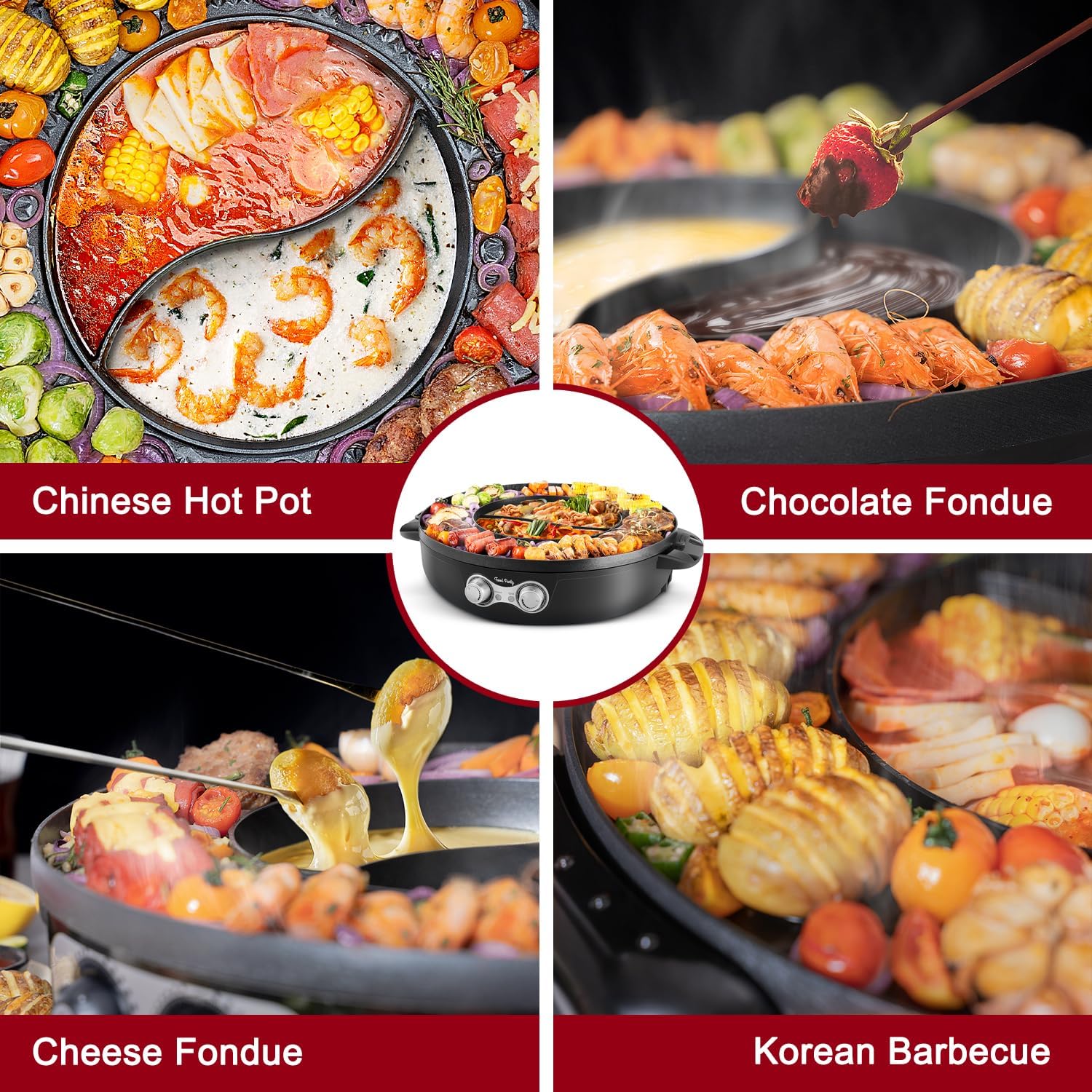 Food Party Hot Pot Electric Korean BBQ Grill 2 in 1 Hotpot Smokeless Indoor Grill Removable Cooking Plate Easy Cleaning 110V 1800W Shabu Shabu Pot with Divider